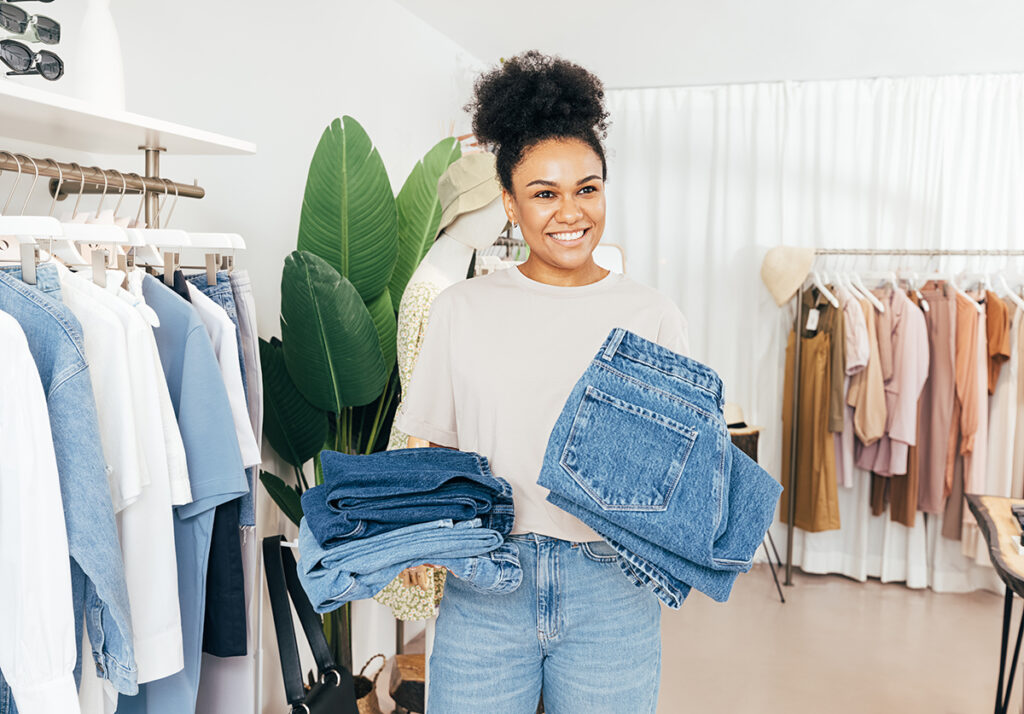 Cheerful saleswoman standing in clothing store with two piles of jeans